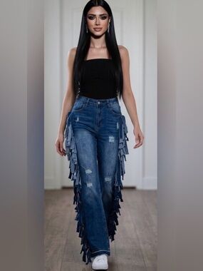 Upcycled Fringed Wide Leg Denim Jeans - Blue